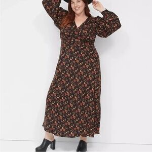 Lane Bryant Black Dark Floral Long Sleeve Maxi Dress Size 20